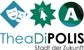 Logo des Projekts TheaDiPOLIS mit Theatermasken, einem Mauspfeil und dem A-Logo der Stadt Arnsberg. Darunter das Motto "Stadt der Zukunft".